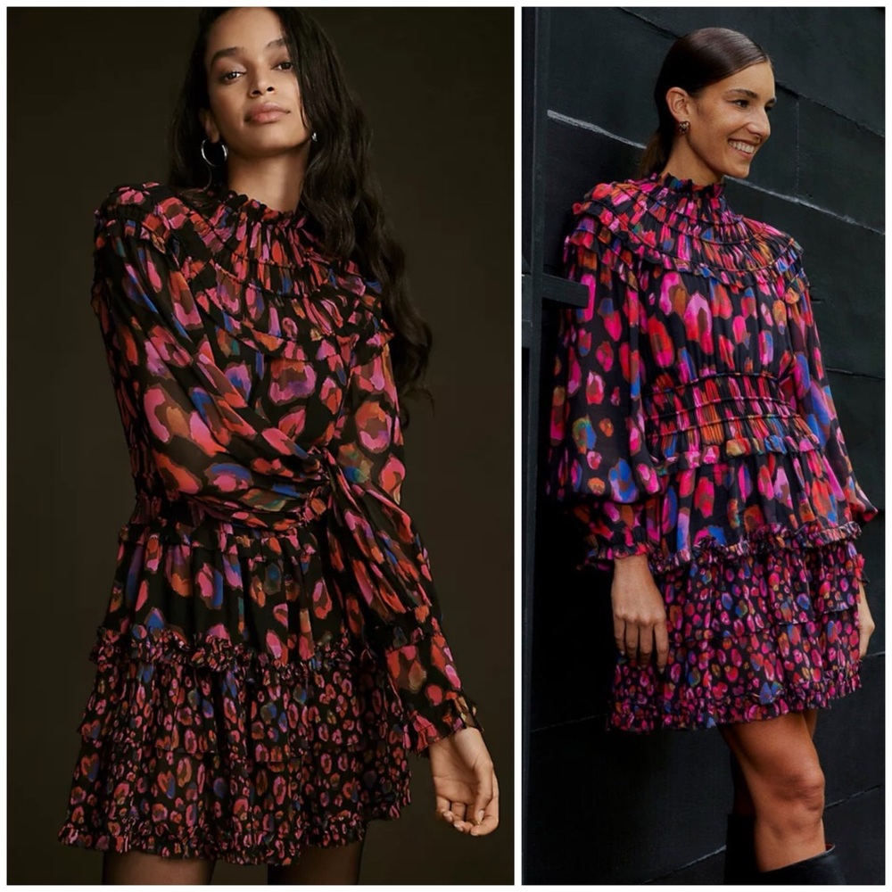 Black Floral Print Smocked-Neck Mini Dress